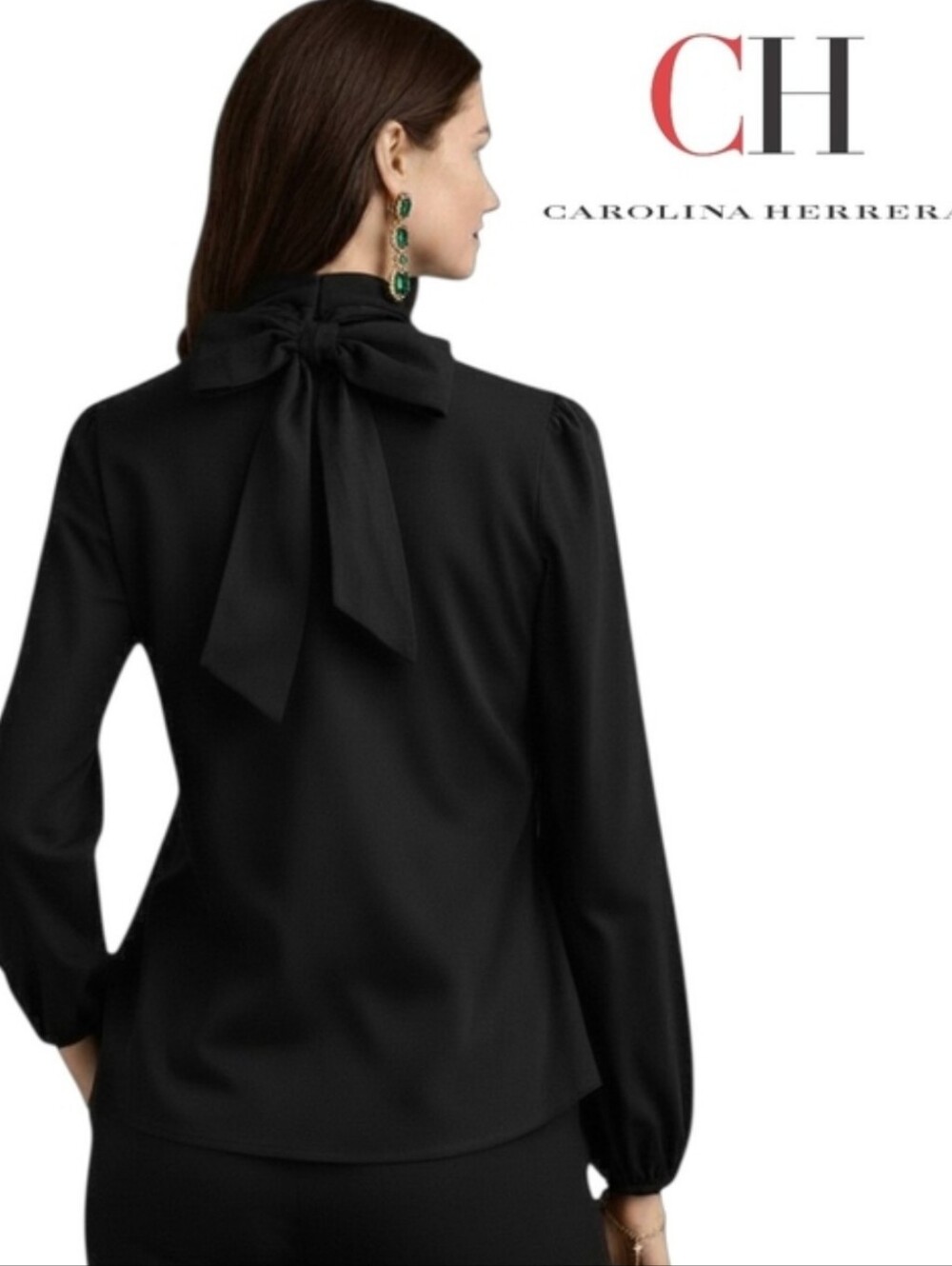 Carolina Herrera Black Mock Neck Tie Back Top Blouse Luxury Workwear Sz L